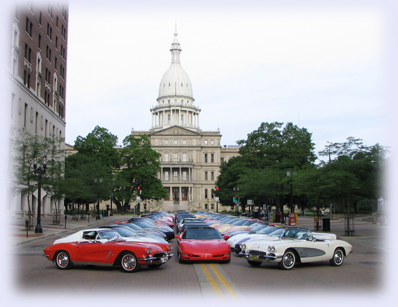 CCCC members Corvettes in front of the Capitol building in downtown Lansing, MI.