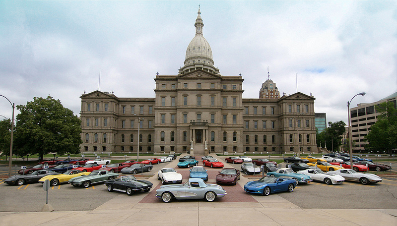 CCCC members Corvettes at the Capitol building in downtown Lansing, MI - 55th Anniversary Photo.