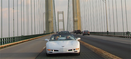 Corvette Crossroads 2012 - Rich and Colleen crossing the Mackinac Bridge.
